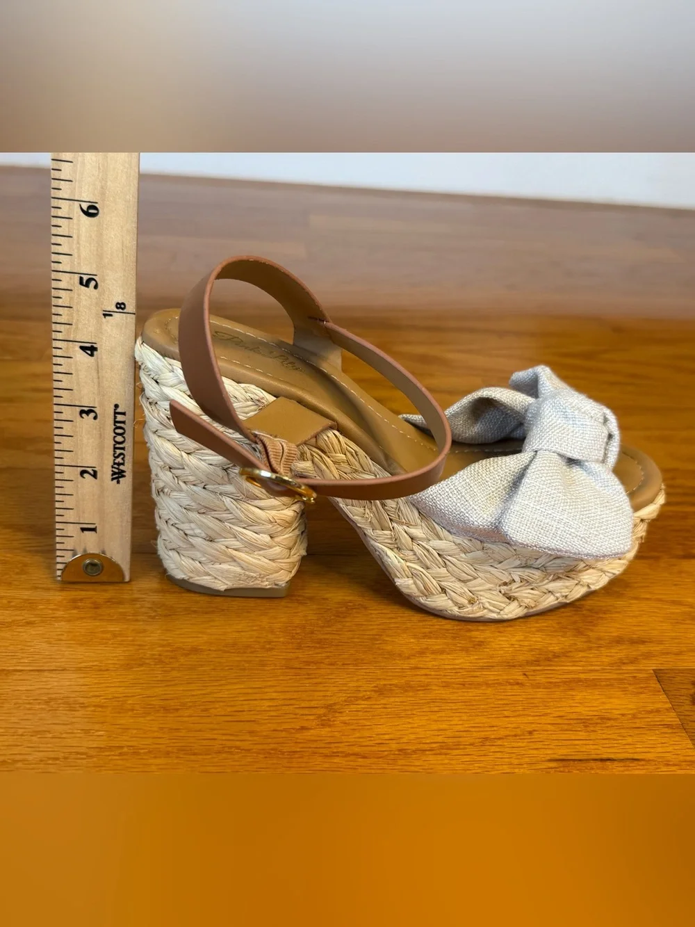 Pink Lily Natural Linen Bow Raffia Platform Wedge Heels Ankle Strap Sandals